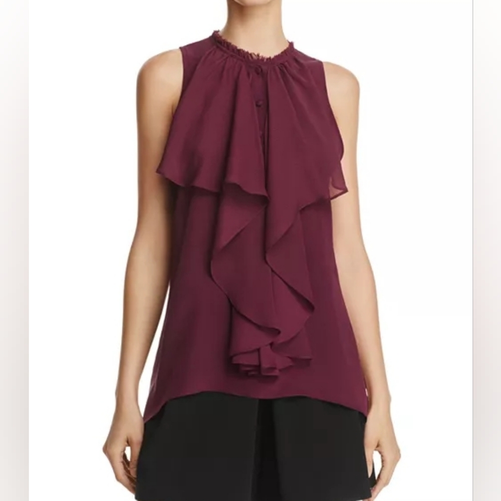 Alice+ Olivia 100% Silk Elisa Bitten Berry High-Neck Ruffle Blouse